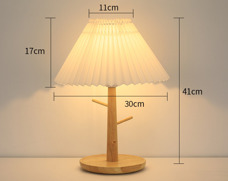 Nordic Vintage Pleated Lampshade Bedside Lamp / Modern Cozy Table Lamp with Wooden Stand for Bedroom & Living Room