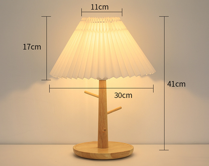 Nordic Vintage Pleated Lampshade Bedside Lamp / Modern Cozy Table Lamp with Wooden Stand for Bedroom & Living Room