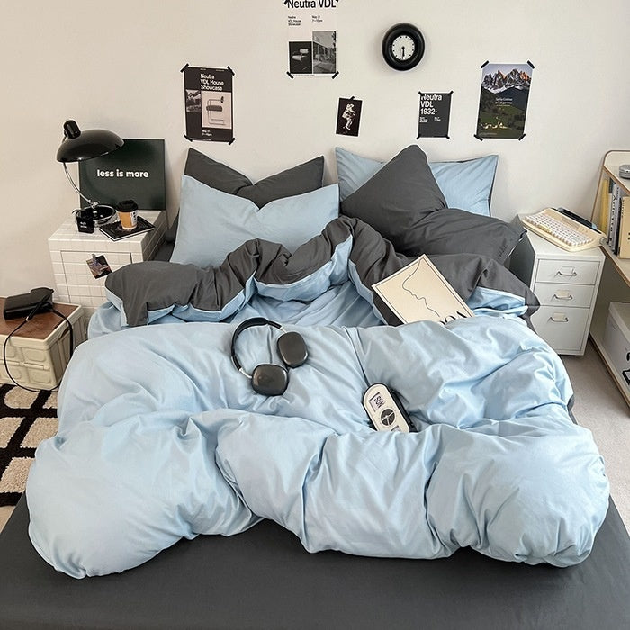 Premium Washed Cotton Double-Spliced Bedding Set – Soft Sky Blue & Cream 4-Piece Duvet Cover Set for Dormitory & Home