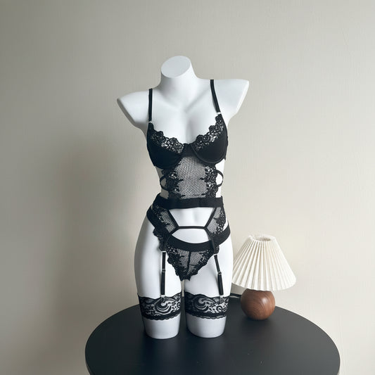 Purple Transparent Push-up Lingerie Set with Stockings