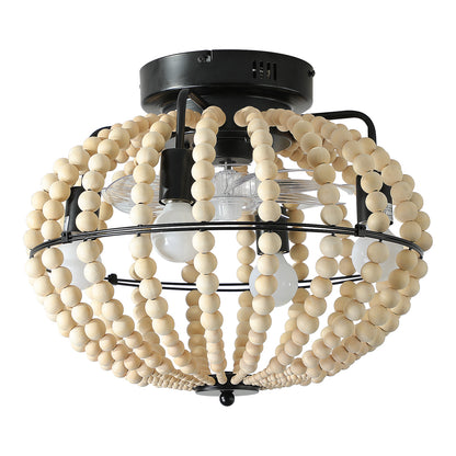 Bohemian Wood Beaded Chandelier – Elegant Flush Mount Ceiling Light for Bedroom & Nursery