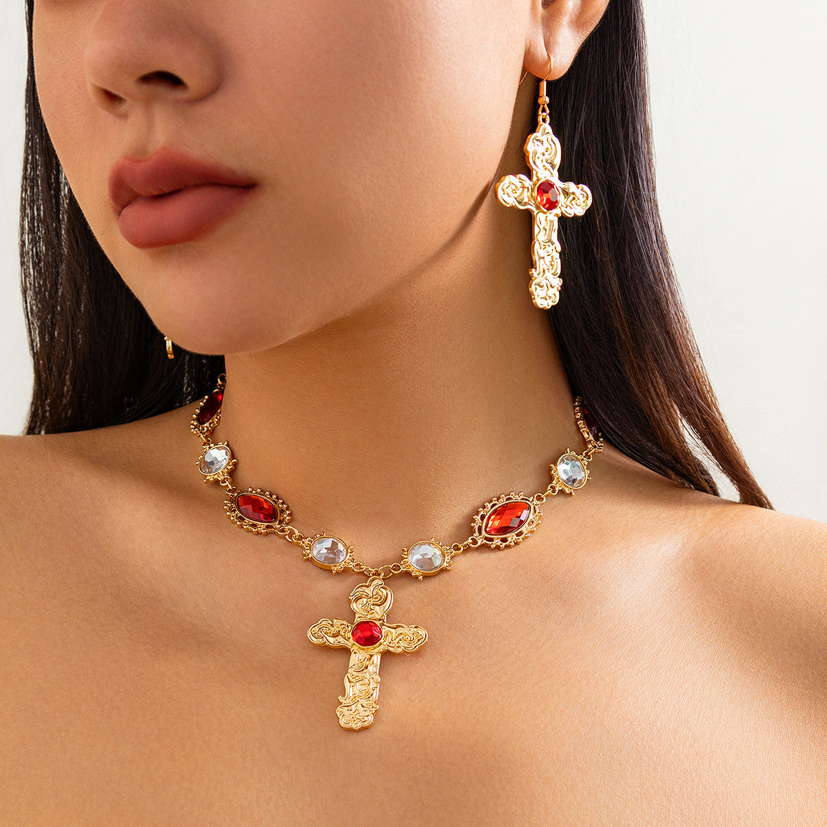 Palace Style Cross Pendant Necklace & Earring Set with Red Gemstones