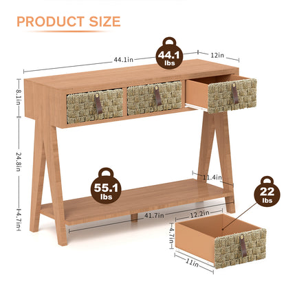 Mid-Century Modern Console Table with 3 Woven Drawers – Multifunctional Entryway Table & Open Storage Rack