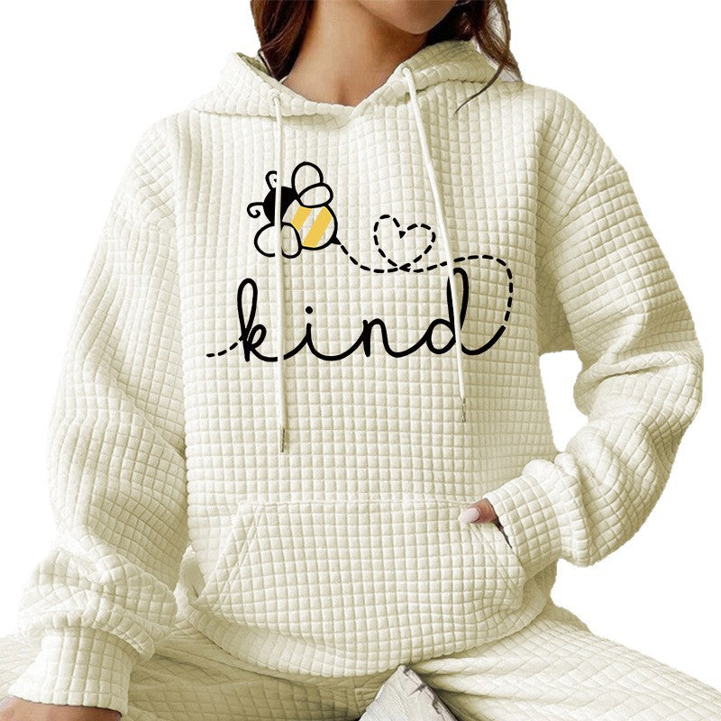Be Kind" Bee Print Waffle Knit Hoodie | Cozy Cream Hooded Pullover for Women