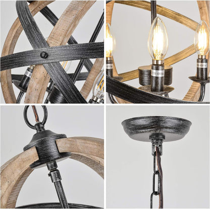 Rustic Farmhouse Orb Chandelier – 4-Light Vintage Wood & Metal Globe Pendant for Dining Room
