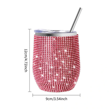 12oz Luxury Diamond Rhinestone Wine Tumbler - Insulated Stainless Steel Cup with Straw & Lid