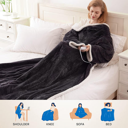 Electric Heating Wearable Blanket - Fleece Lamb Velvet Heated Blanket with Sleeves