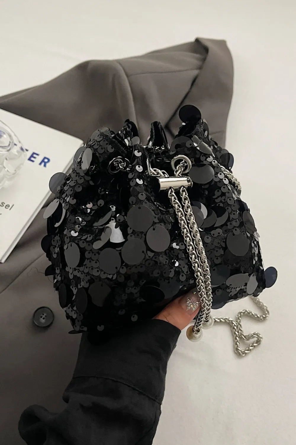 Shimmering Drawstring Sequin Pouch Crossbody Bag