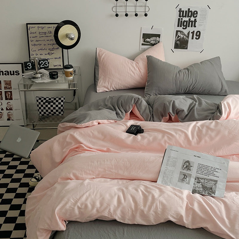 Japanese Style Washed Cotton Bedding Set – Minimalist Solid Color Double Spliced Quilt Cover & Fitted Sheet