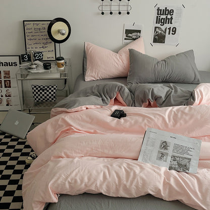 Japanese Style Washed Cotton Bedding Set – Minimalist Solid Color Double Spliced Quilt Cover & Fitted Sheet
