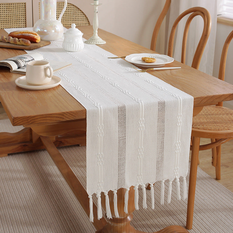 Rustic Hand-Woven Table Runner – Cotton & Linen Boho Table Flag with Tassels