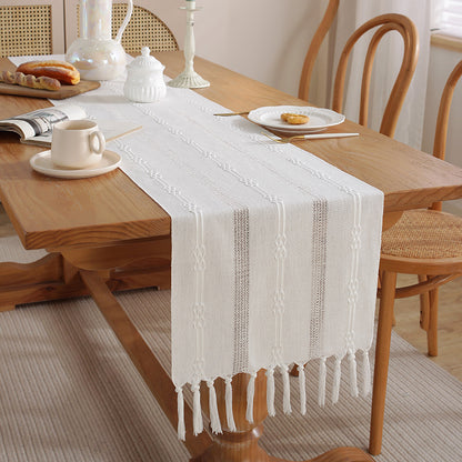 Rustic Hand-Woven Table Runner – Cotton & Linen Boho Table Flag with Tassels