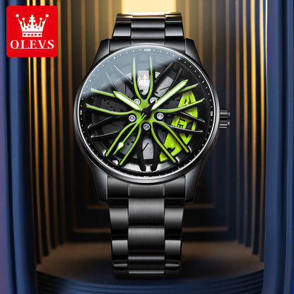 Creative 3D Rotating Wheel Hub Men's Watch - Luxury Stainless Steel Sports Watch