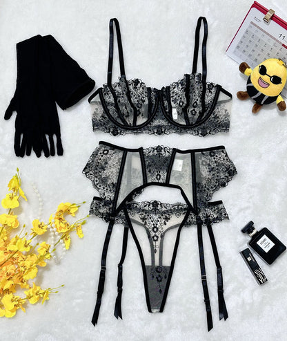 Floral Embroidery Patchwork Sheer Mesh Garter Lingerie Set