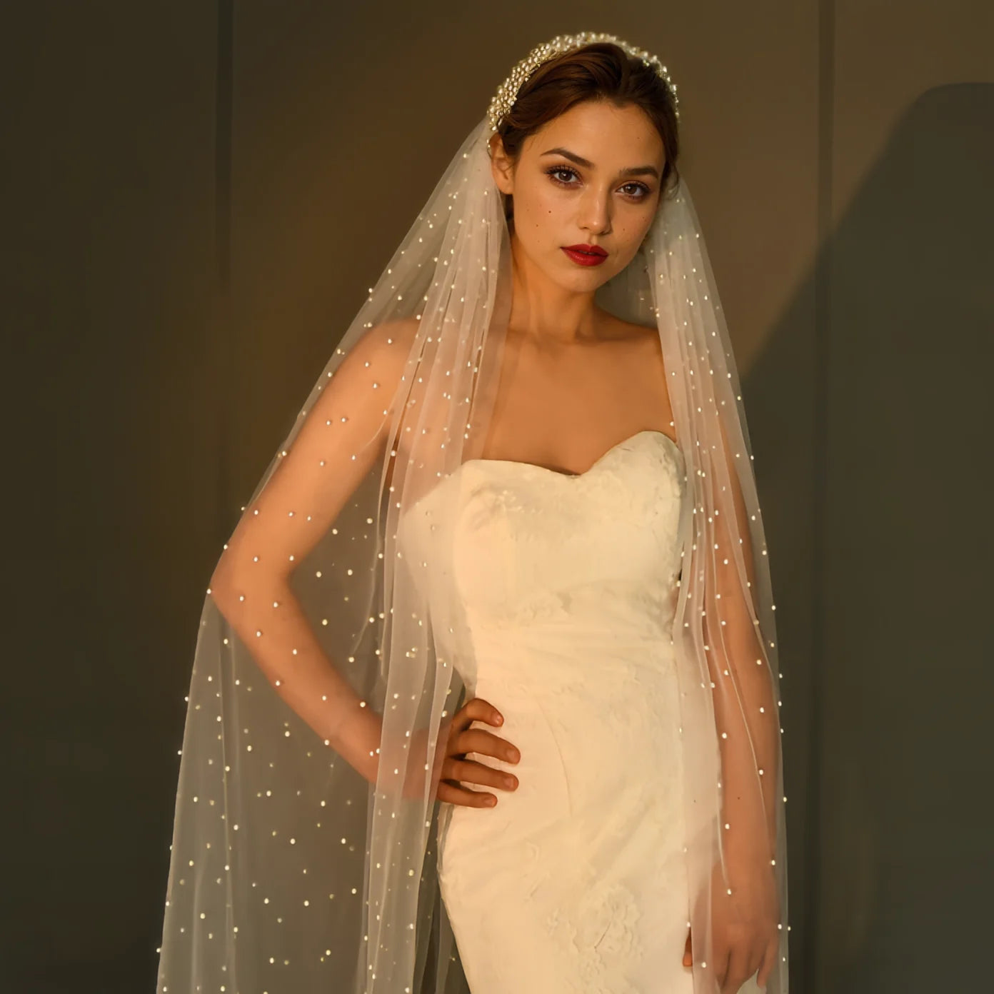 Royal Cathedral Length Wedding Veil with Pearl Beaded Headband / Extra Long Bridal Veil with Comb Hair Accessories