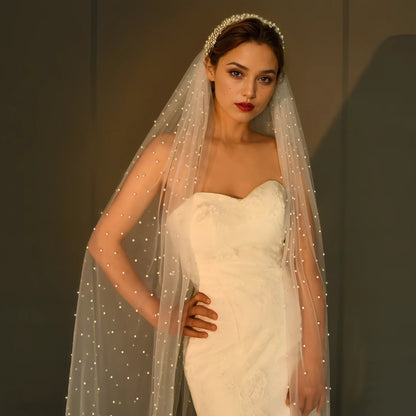 Royal Cathedral Length Wedding Veil with Pearl Beaded Headband / Extra Long Bridal Veil with Comb Hair Accessories
