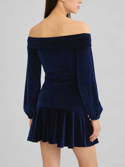 Elegant Velvet Off-Shoulder Mini Dress – Glamorous Lantern Sleeve Party Outfit for Women