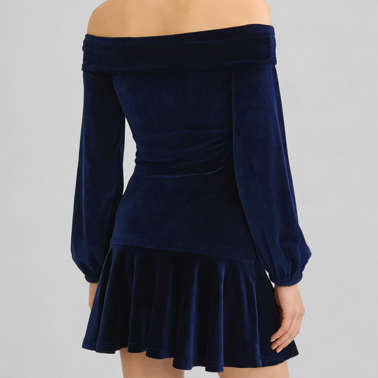 Elegant Velvet Off-Shoulder Mini Dress – Glamorous Lantern Sleeve Party Outfit for Women