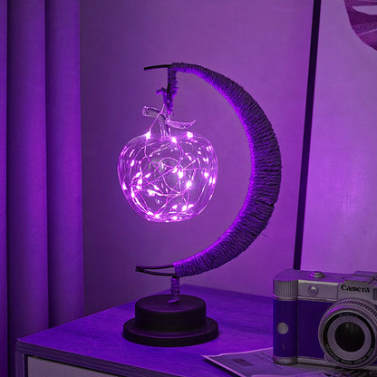 LED Star in Moon Night Light with Hemp Rope and Iron Art Base