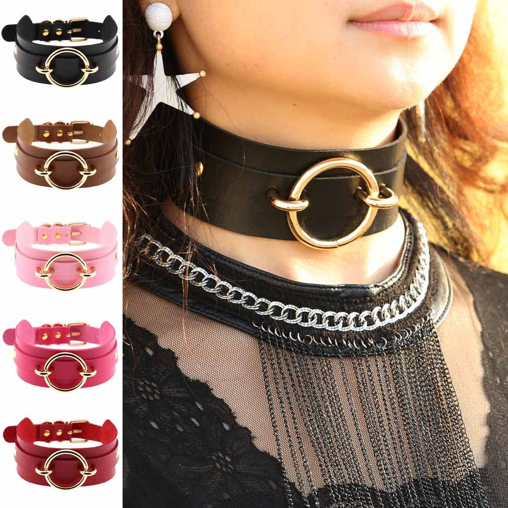 Punk PU Leather Choker Necklace with Oversized O-Ring Pendant | Multi-Color Collar Chain