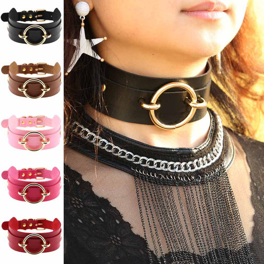 Punk PU Leather Choker Necklace with Oversized O-Ring Pendant | Multi-Color Collar Chain