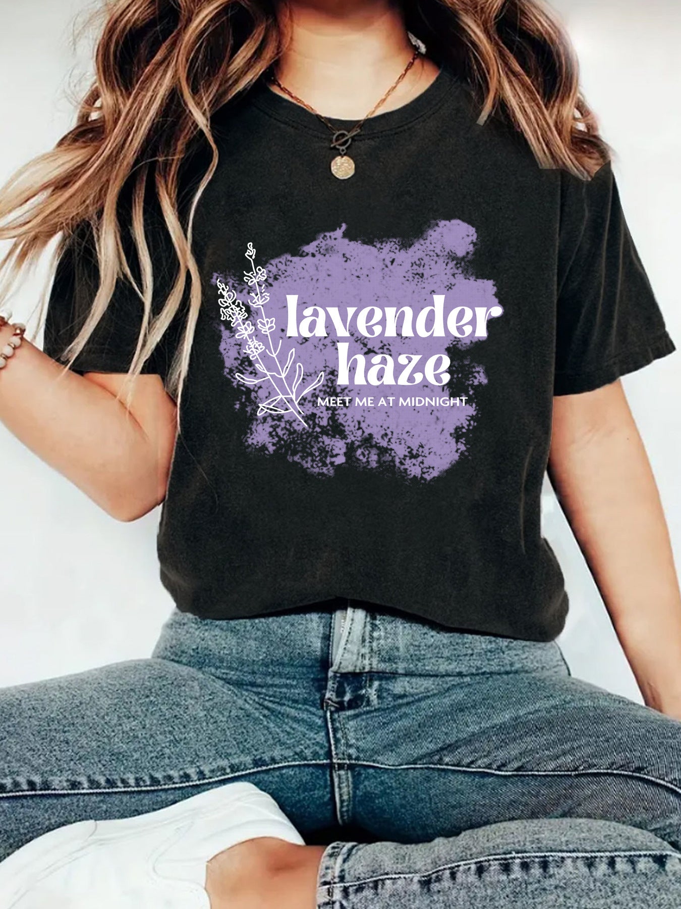 Lavender Haze' Pattern Printed Round Neck Short Sleeved T-Shirt | Graphic Slogan Tee