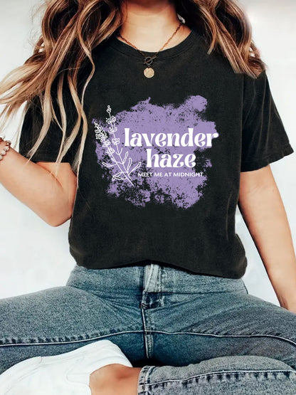 Lavender Haze' Pattern Printed Round Neck Short Sleeved T-Shirt | Graphic Slogan Tee