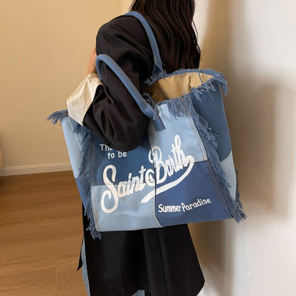 Denim Large Capacity Tote Bag – Canvas Letter Handmade Tassel Handbag