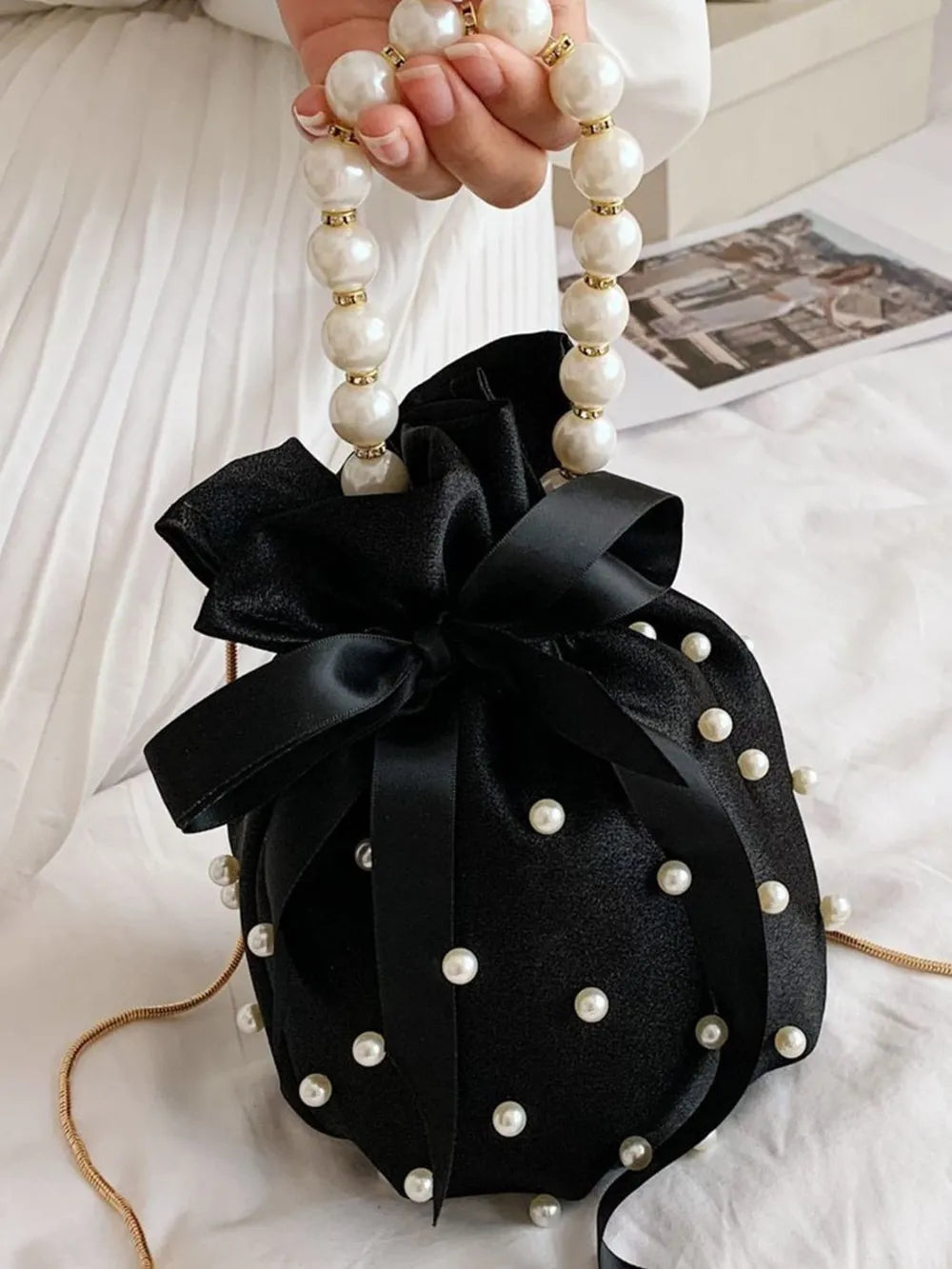 Elegant Pearl Embellished Solid Color Bucket Bag (Drawstring)