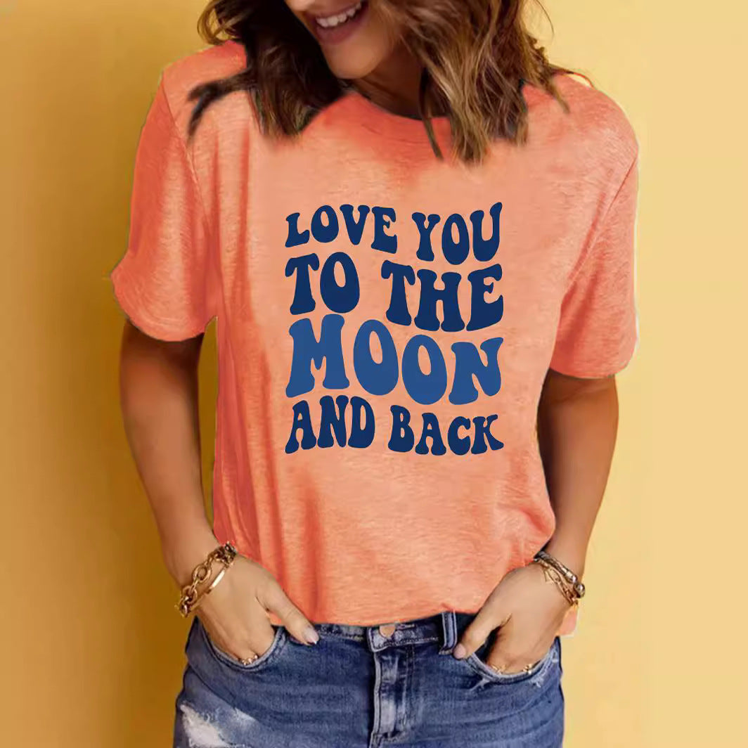 Love You to the Moon and Back' Slogan Printed Round Neck Short Sleeved Shirt