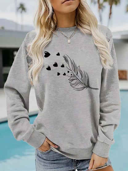 Feather & Heart Print Grey Sweatshirt | Cozy Long Sleeve Pullover for Women