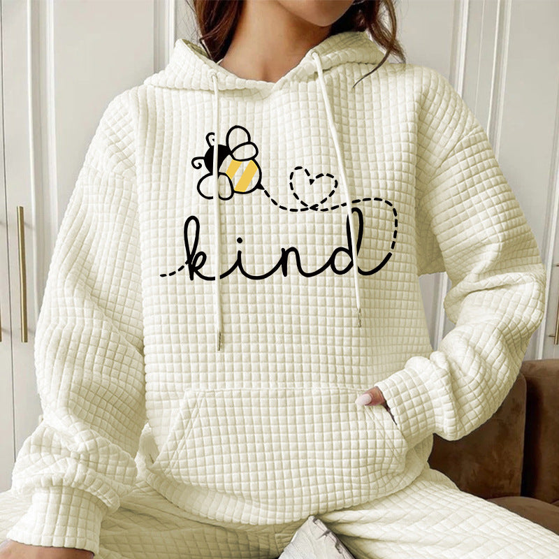 Be Kind" Bee Print Waffle Knit Hoodie | Cozy Cream Hooded Pullover for Women