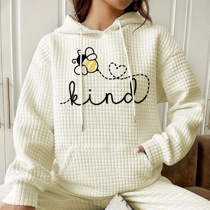 Be Kind" Bee Print Waffle Knit Hoodie | Cozy Cream Hooded Pullover for Women
