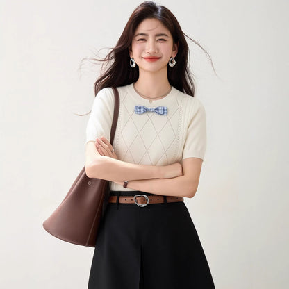 Elegant Bow Tie Knitwear - Regular Shoulder Fitted Top for Women
