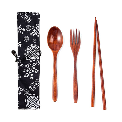 Japanese Style 3-Piece Portable Wooden Cutlery Set with Pouch