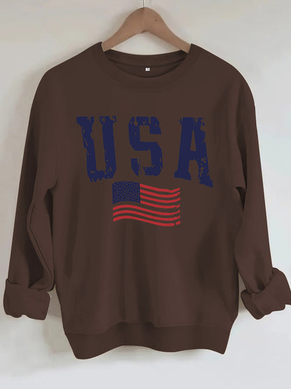 USA Flag Distressed Print Grey Sweatshirt | Unisex Round Neck Sports Pullover