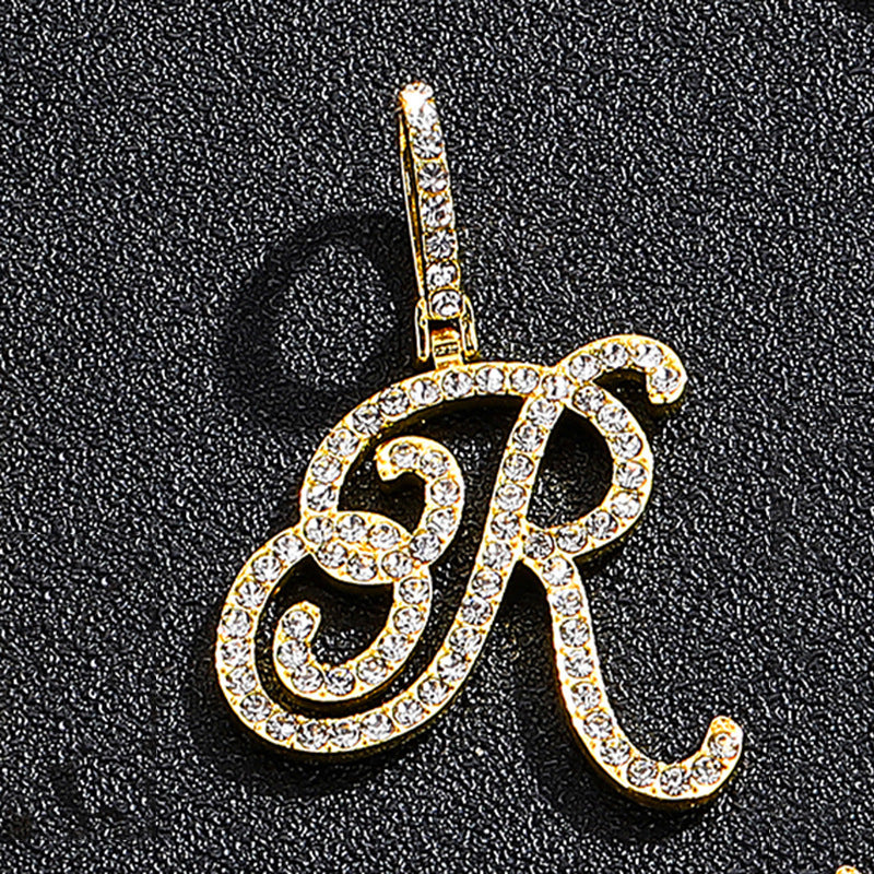 Iced Out Initial Letter Pendant Cuban Chain Necklace
