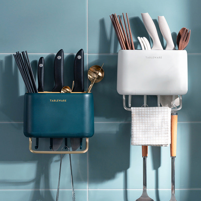 Wall-Mounted Multi-Functional Kitchen Utensil Holder - Knife Rack & Chopstick Cage Storage Organizer with Towel Bar