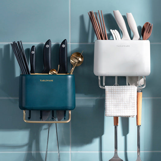 Wall-Mounted Multi-Functional Kitchen Utensil Holder - Knife Rack & Chopstick Cage Storage Organizer with Towel Bar