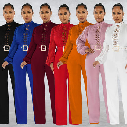 Chic Solid Color Long Sleeve Belted Jumpsuit - Elegant Ruffle Cut-out Party Trousers