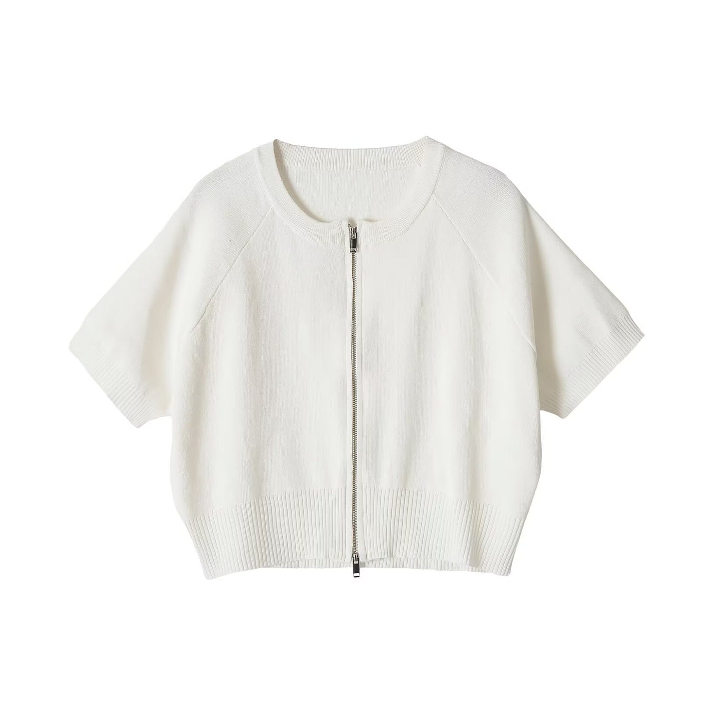Women's Chic Short Sleeve Knitted Cardigan - Front Zip Casual Crop Top