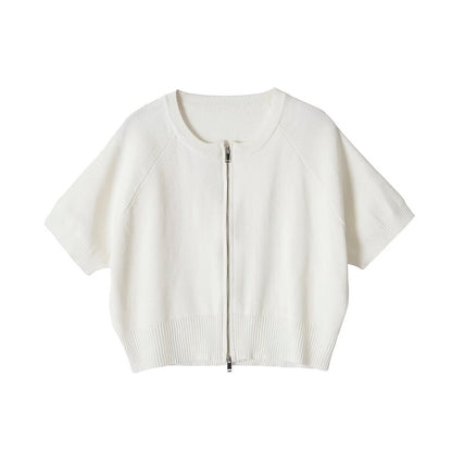 Women's Chic Short Sleeve Knitted Cardigan - Front Zip Casual Crop Top