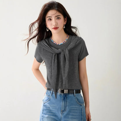 Women's Chic Two-Piece T-Shirt with Shoulder Wrap - Elegant Summer Knit Top