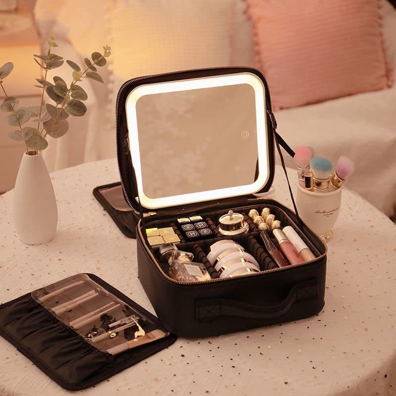 Large Capacity LED Mirror Makeup Bag – Multifunctional DIY Partition Storage Box