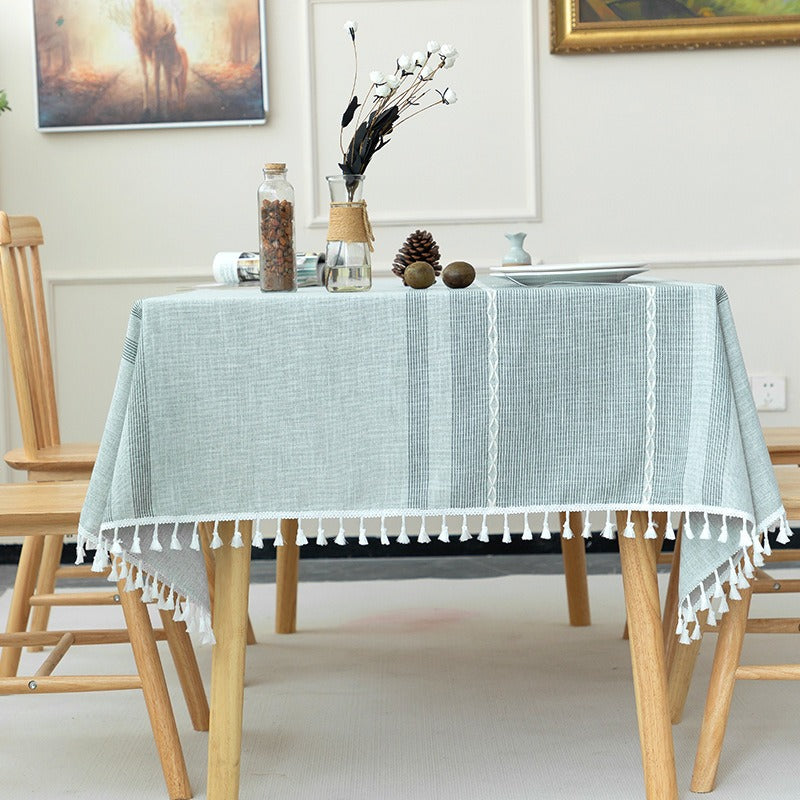 Nordic Jacquard Cotton Linen Tablecloth – Elegant Pink Long Stripe Table Cover with Decorative Tassels