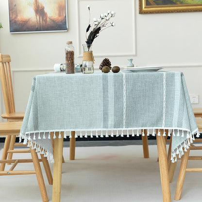 Nordic Jacquard Cotton Linen Tablecloth – Elegant Pink Long Stripe Table Cover with Decorative Tassels