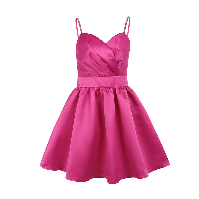 Glamorous Hot Pink Diamond Chain Strap Dress - Elegant Satin Party Mini Gown