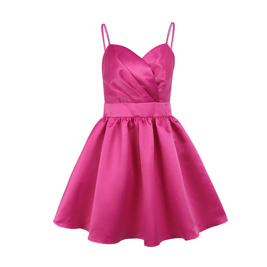 Glamorous Hot Pink Diamond Chain Strap Dress - Elegant Satin Party Mini Gown