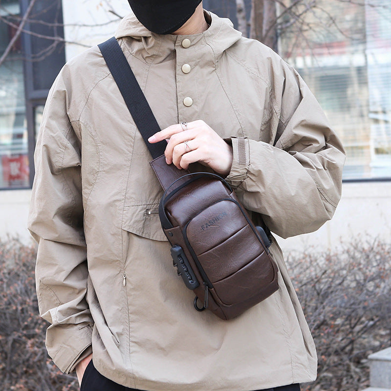Men's Waterproof Faux Leather Chest Sling Bag with USB Charging Port