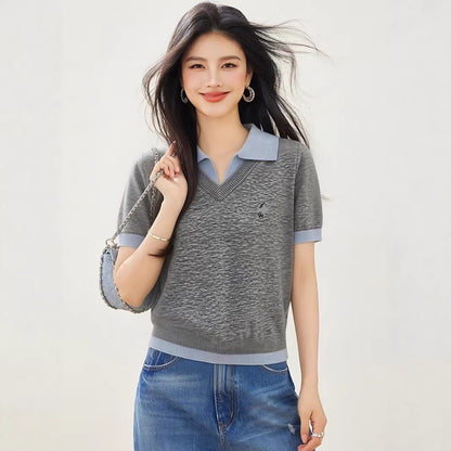 White Polo Neck False Two-Piece Short Sleeve Knit Top for Women